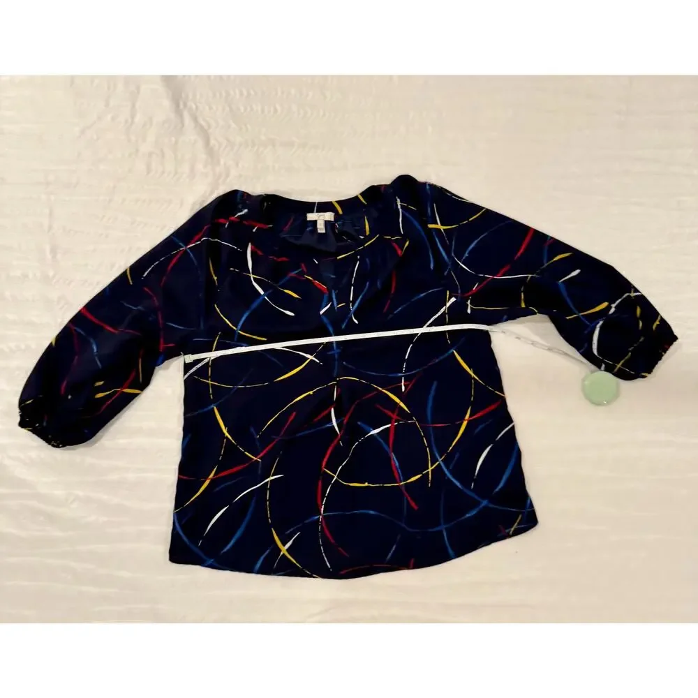 Joie Georgette Blouse Navy Blue Women’s Small Abstract Art Wear Artsy Statement - Picture 11 of 15